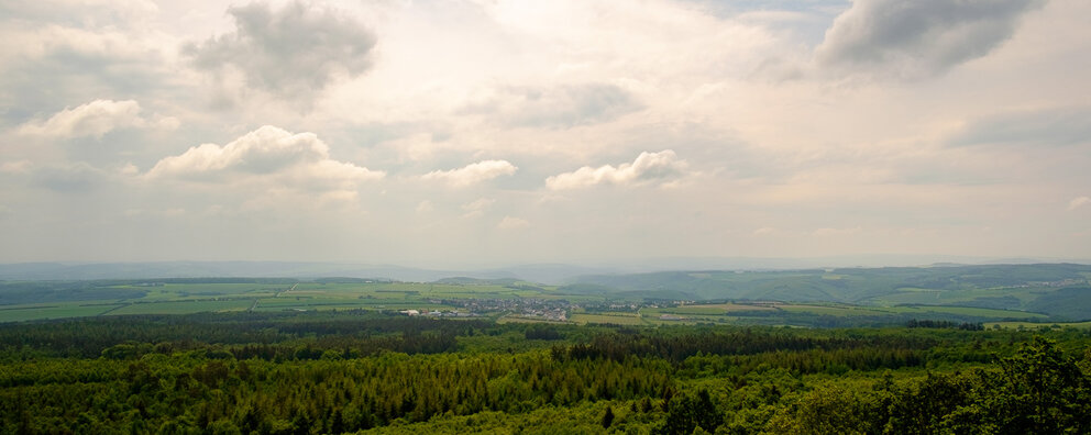 Panorama view of the Hunsrück from the observation tower at the Teufelsfels rock