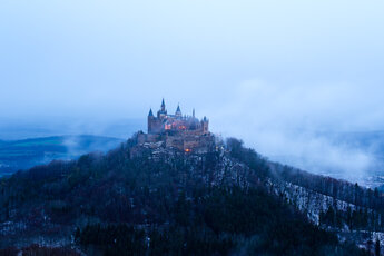 Castle Burg Hohenzollern as seen from the Zeller Horn in the dawn