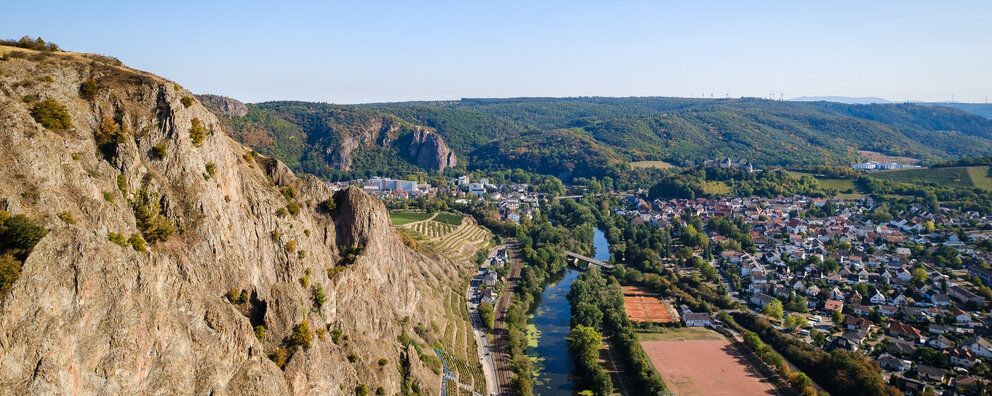 View onto Bad Münster from the viewpoint Bastei on top of the Rotenfels
