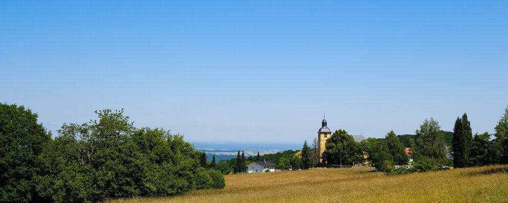 View over Neunkirchen, across the Frankfurt Skyline to the Taunus. In the foreground there is a wild meadow and behind it a church tower.