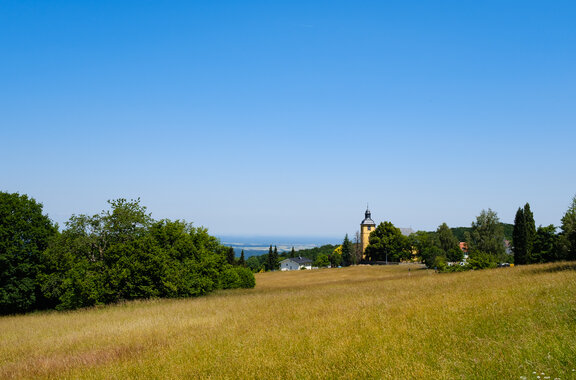 Ausblick über Neunkirchen, die Frankfurter Skyline bis zum Taunus. Im Vordergrund sind eine Wiese und hinter ein paar Bäumen ein Kirchturm zu sehen.