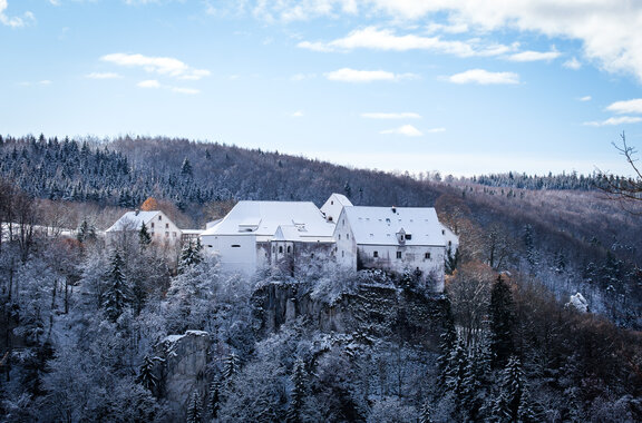 View onto the Castle 'Burg Wildenstein' which is covered in snow